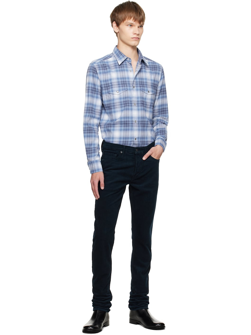 Navy 12 Waves Cord Stretch Slim Fit Trousers - 4