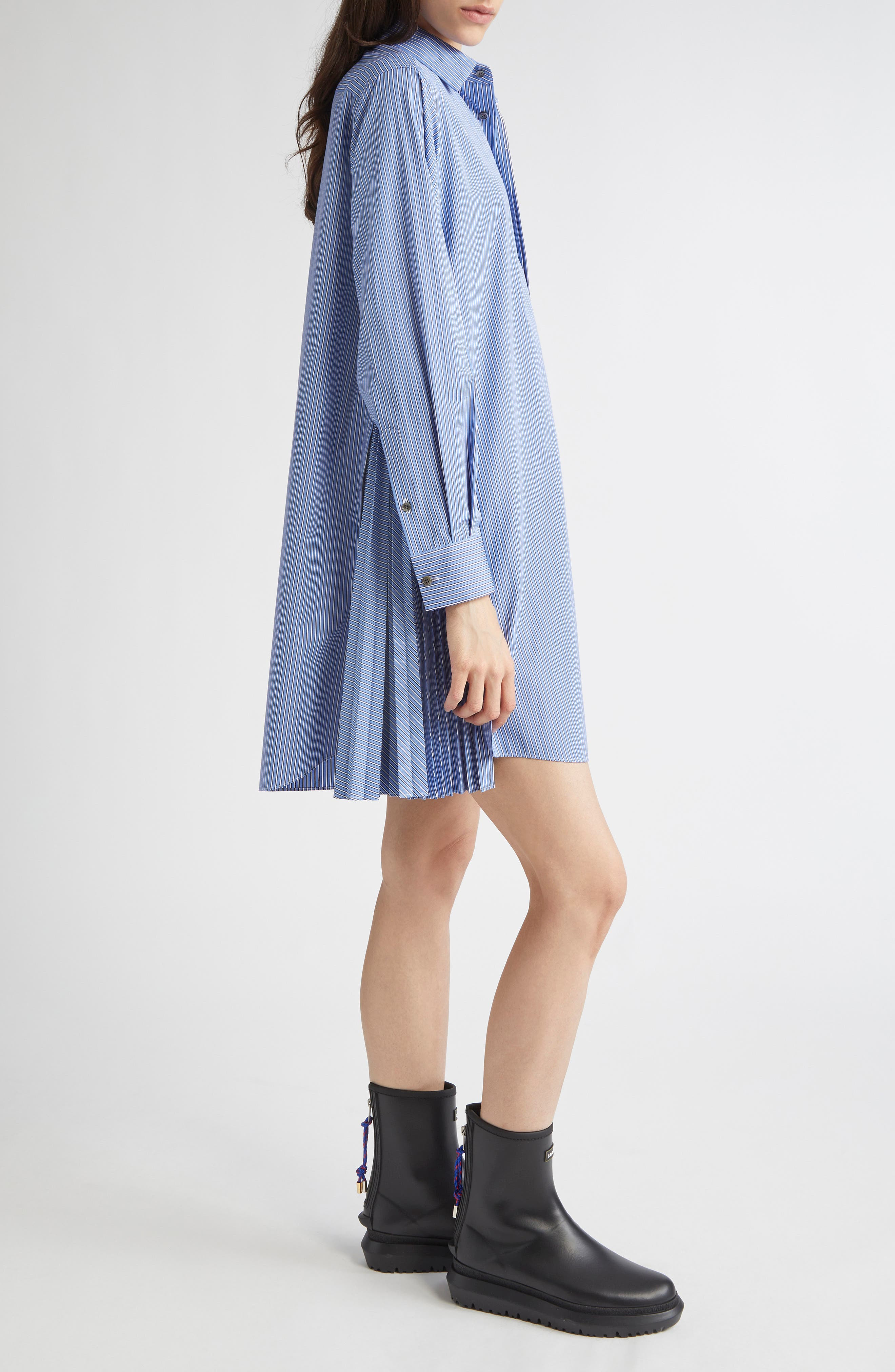 Sacai Stripe Long Sleeve Poplin Shirtdress in Blue Stripe at Nordstrom - 3