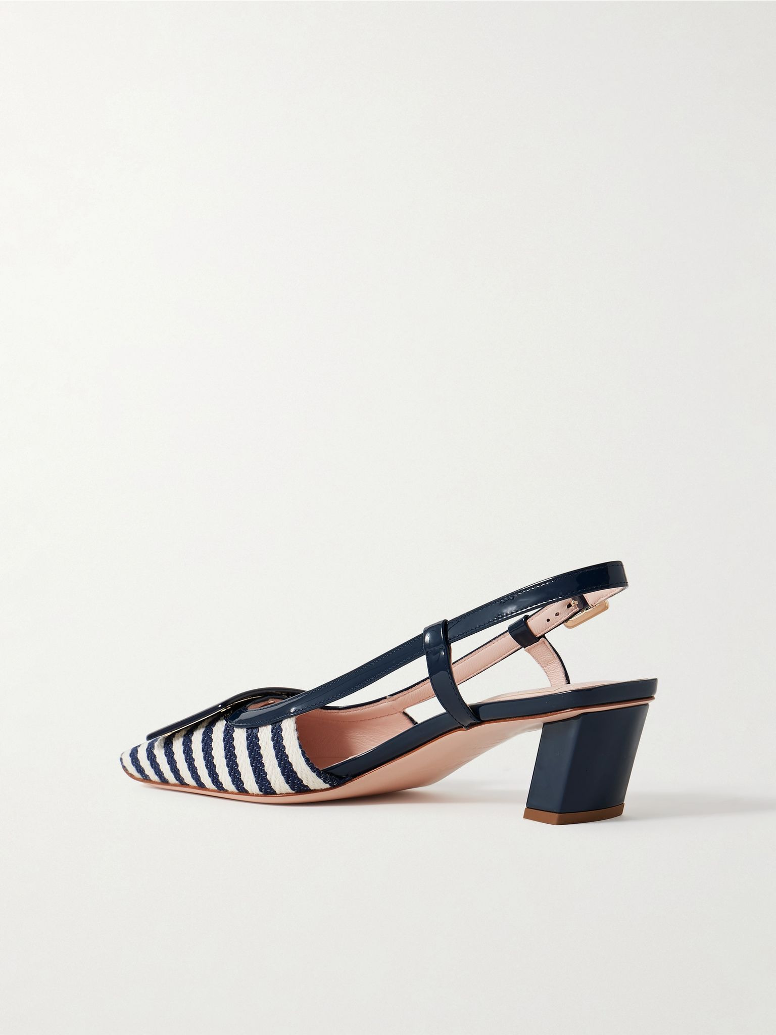 Belle Vivier 45 patent leather-trimmed striped woven slingback pumps Navy - 3