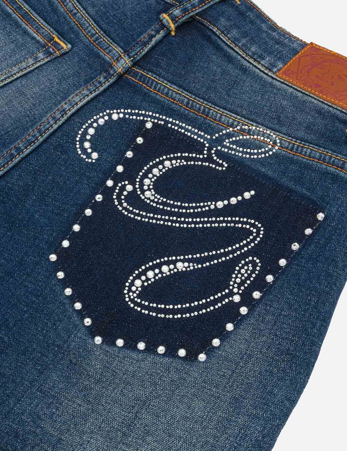 “EV” Rhinestone Embellished Loose Fit Denim Shorts - 8