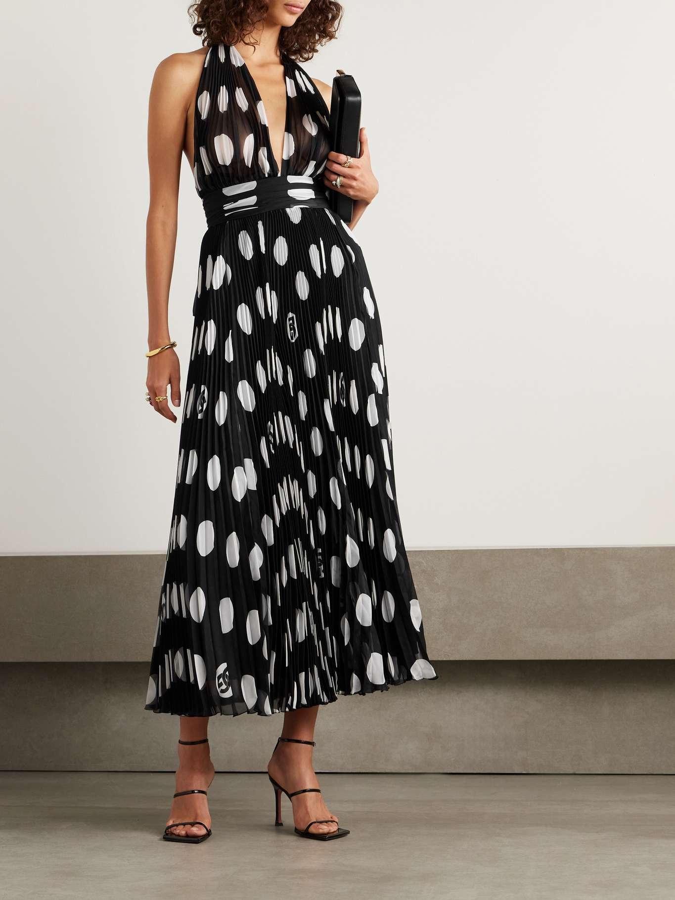 Halterneck polka-dot silk plissé-chiffon midi dress - 2