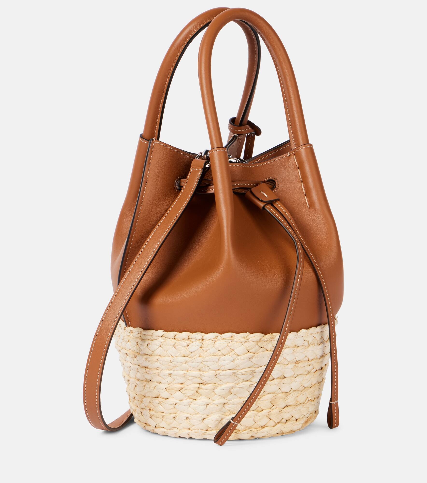 Bux raffia-trimmed leather bucket bag - 4