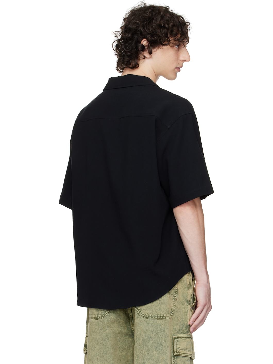 Black Cotton Camp Collar Shirt - 3