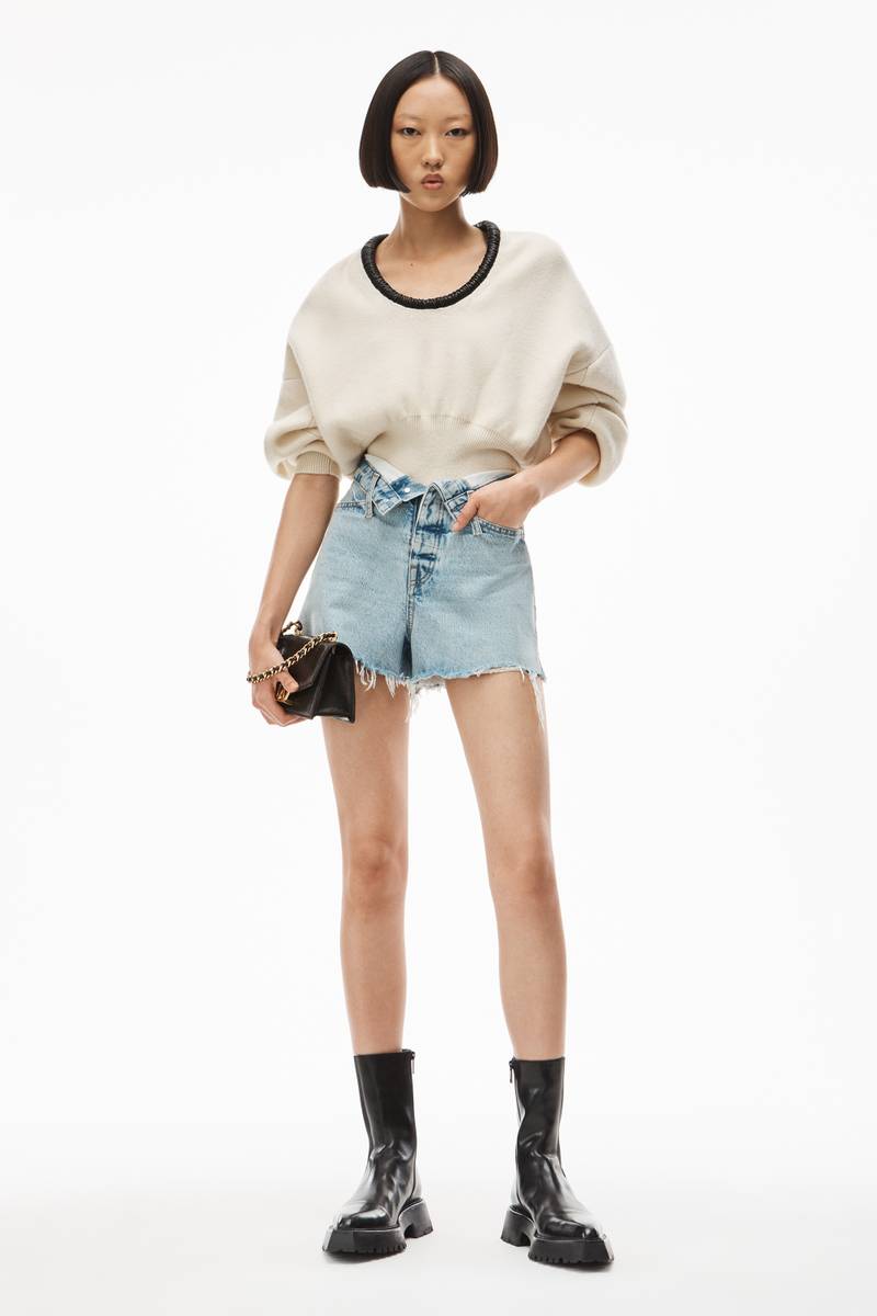 Alexander Wang RUCHED LEATHER TRIM PULLOVER IN WOOL outlook