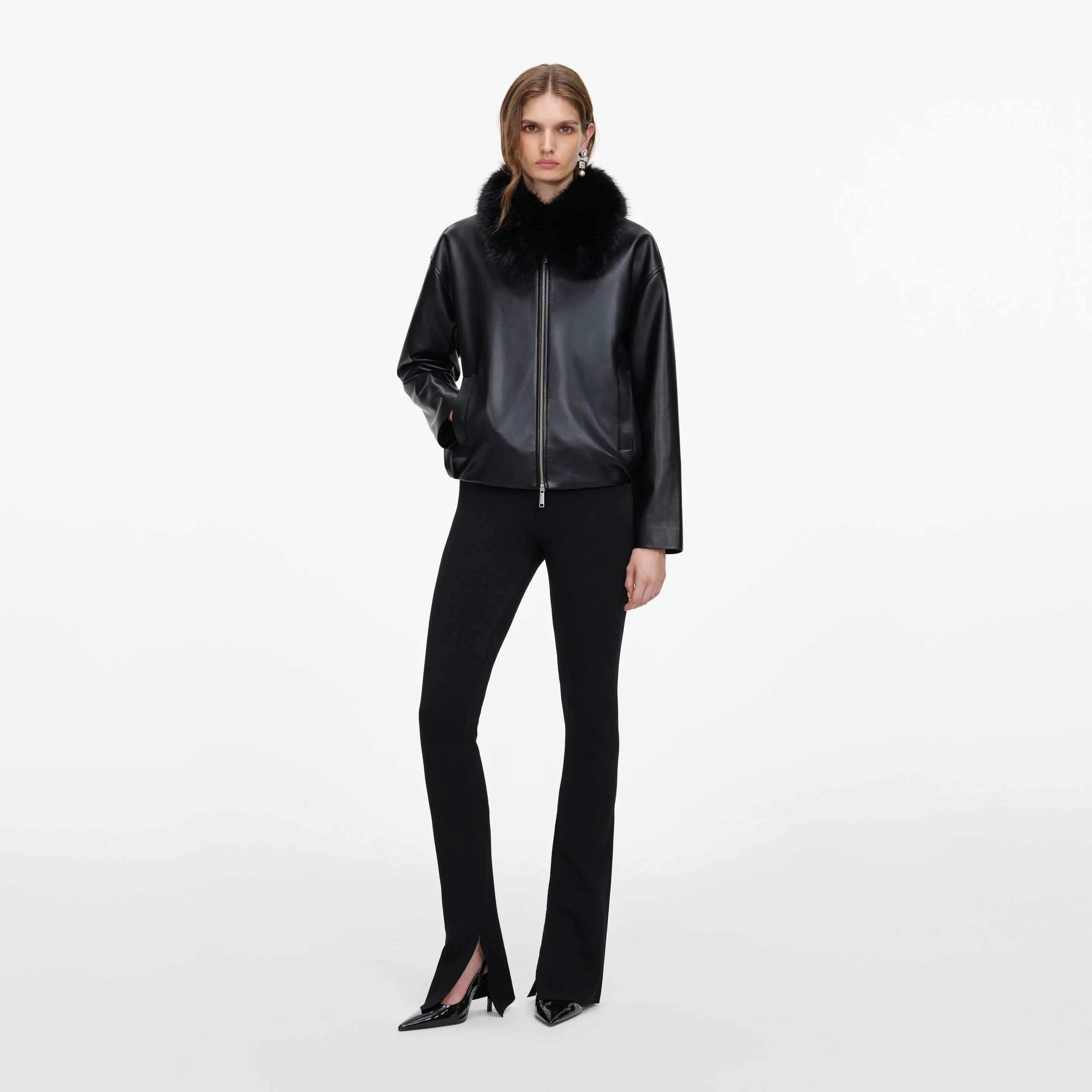 Black Faux Leather Bomber Jacket - 1