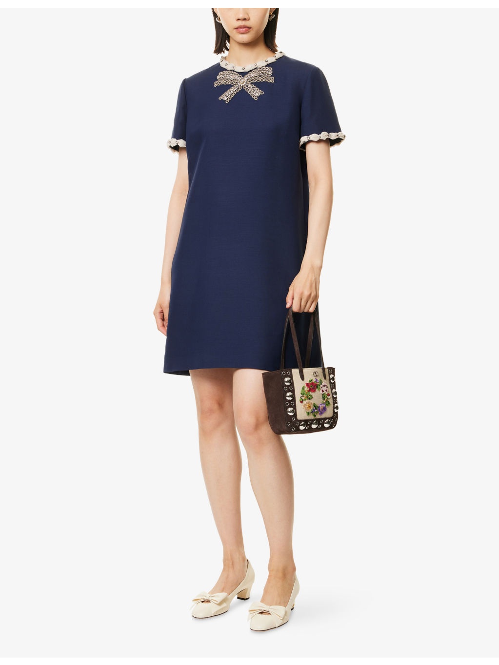 Embroidered Short-Sleeve Wool-Silk Mini Dress - 2
