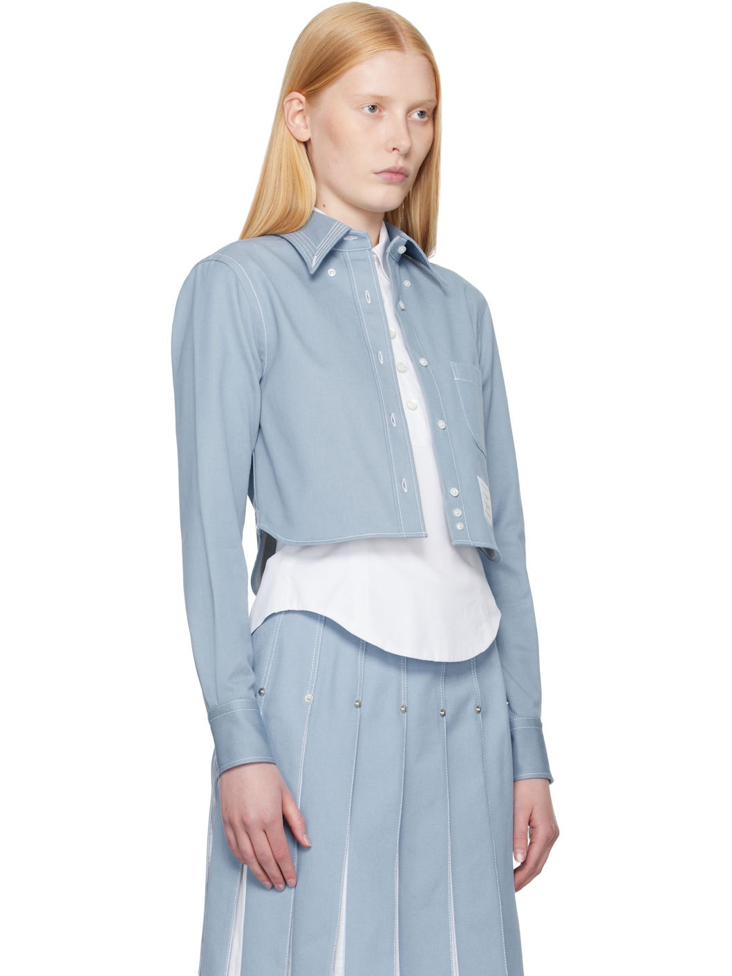 Blue Classic Cropped Long Sleeve Denim Shirt - 2