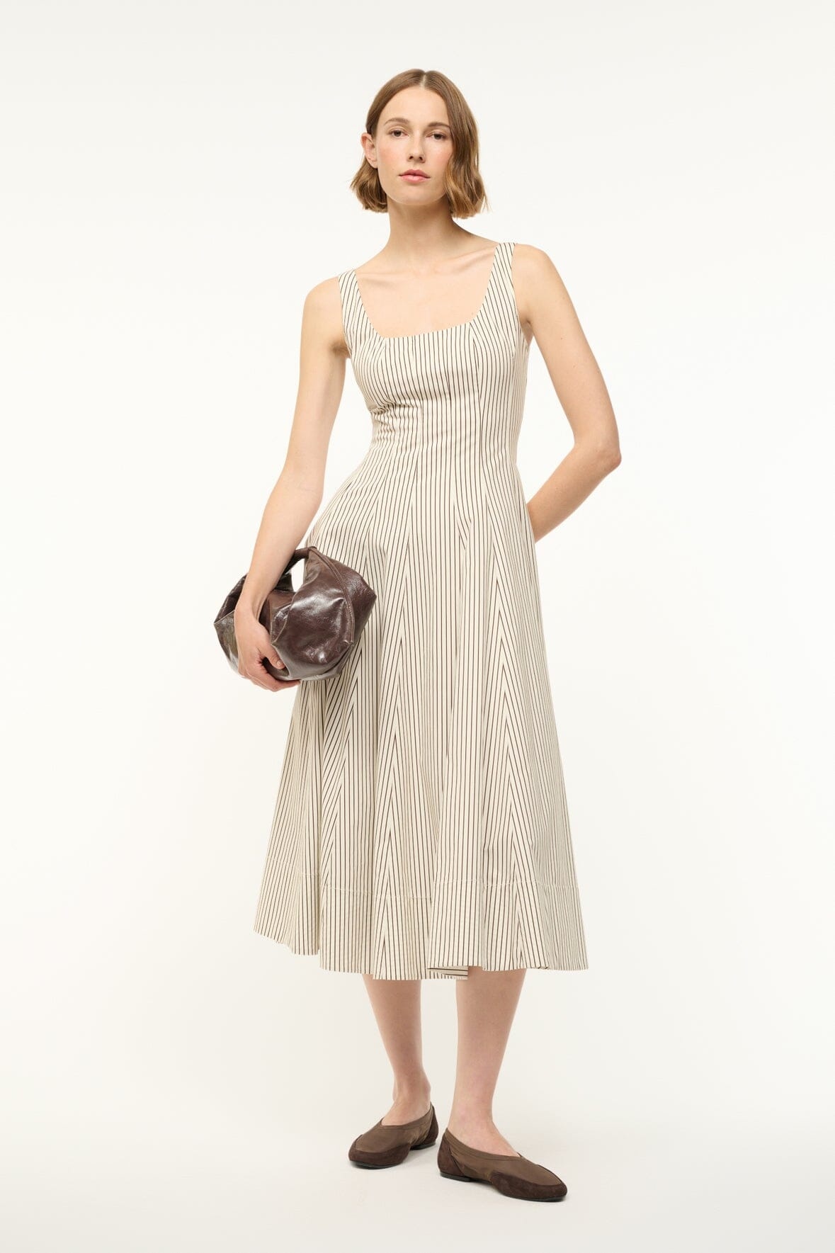 STAUD WELLS DRESS IVORY DARK OAK MICRO STRIPE - 6