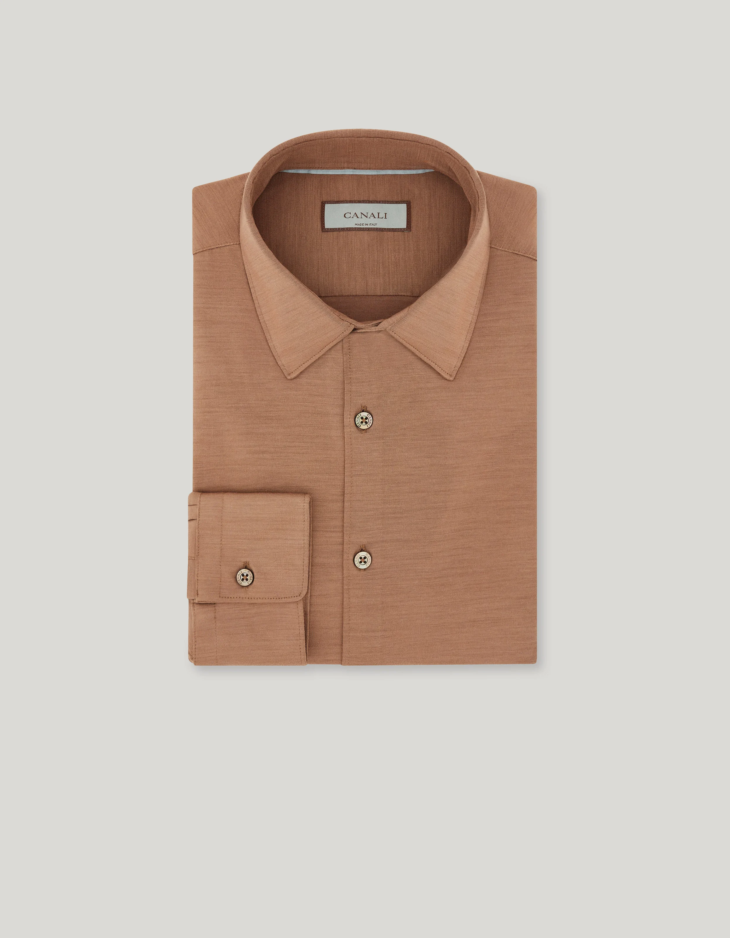 LIGHT BROWN CANALI IMPECCABILE JERSEY WOOL REGULAR-FIT SHIRT - 1