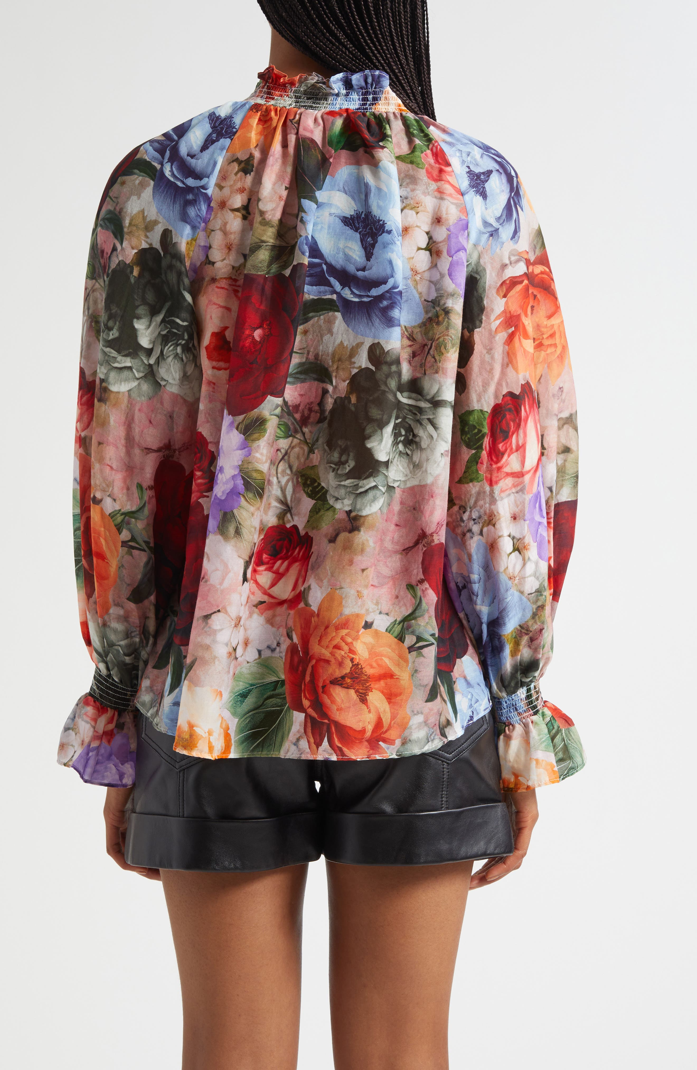 Alice + Olivia Norah Ruffle Cotton & Silk Peasant Top in Storm Floral at Nordstrom - 2