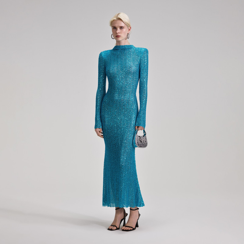 blue beaded maxi dress Beaded Blue Soft Satin Sheath Long Dress – Dressesforparty main image 0