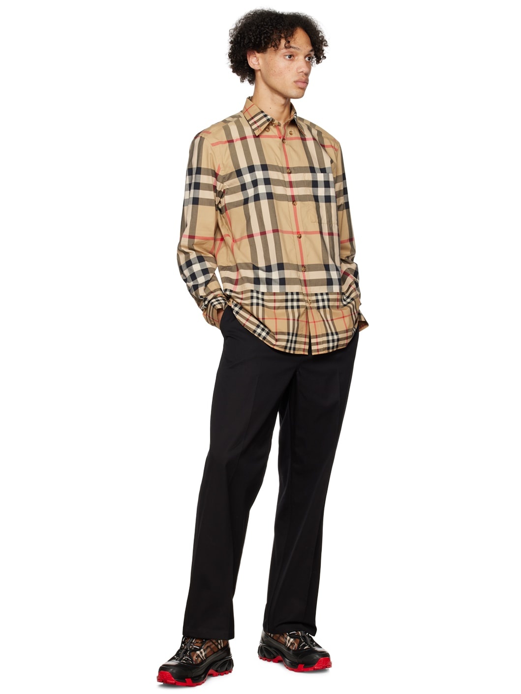 Beige Contrast Check Shirt - 4