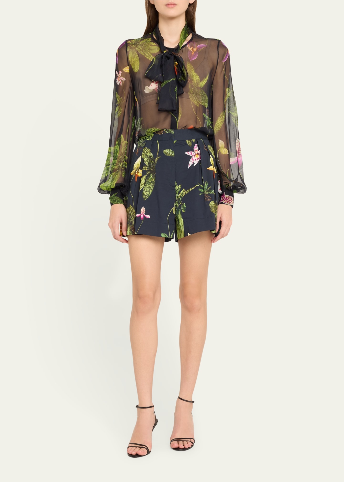 Orchid Print Chiffon Scarf-Tie Blouse - 2
