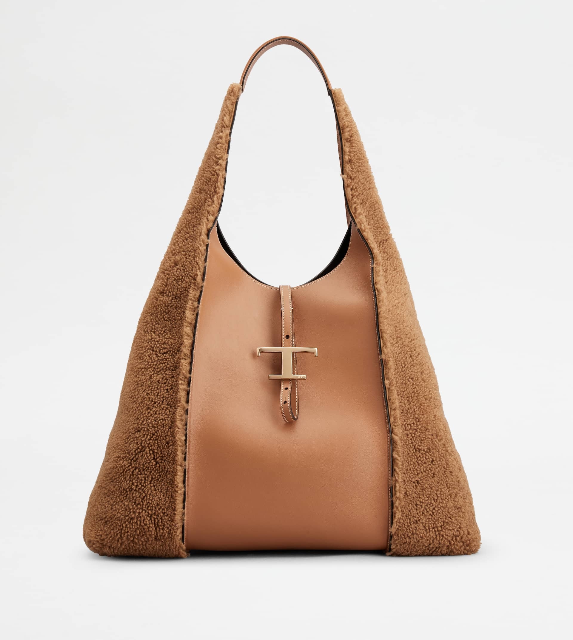 TIMELESS HOBO BAG IN LEATHER AND SHEEPSKIN LARGE - BROWN - 1