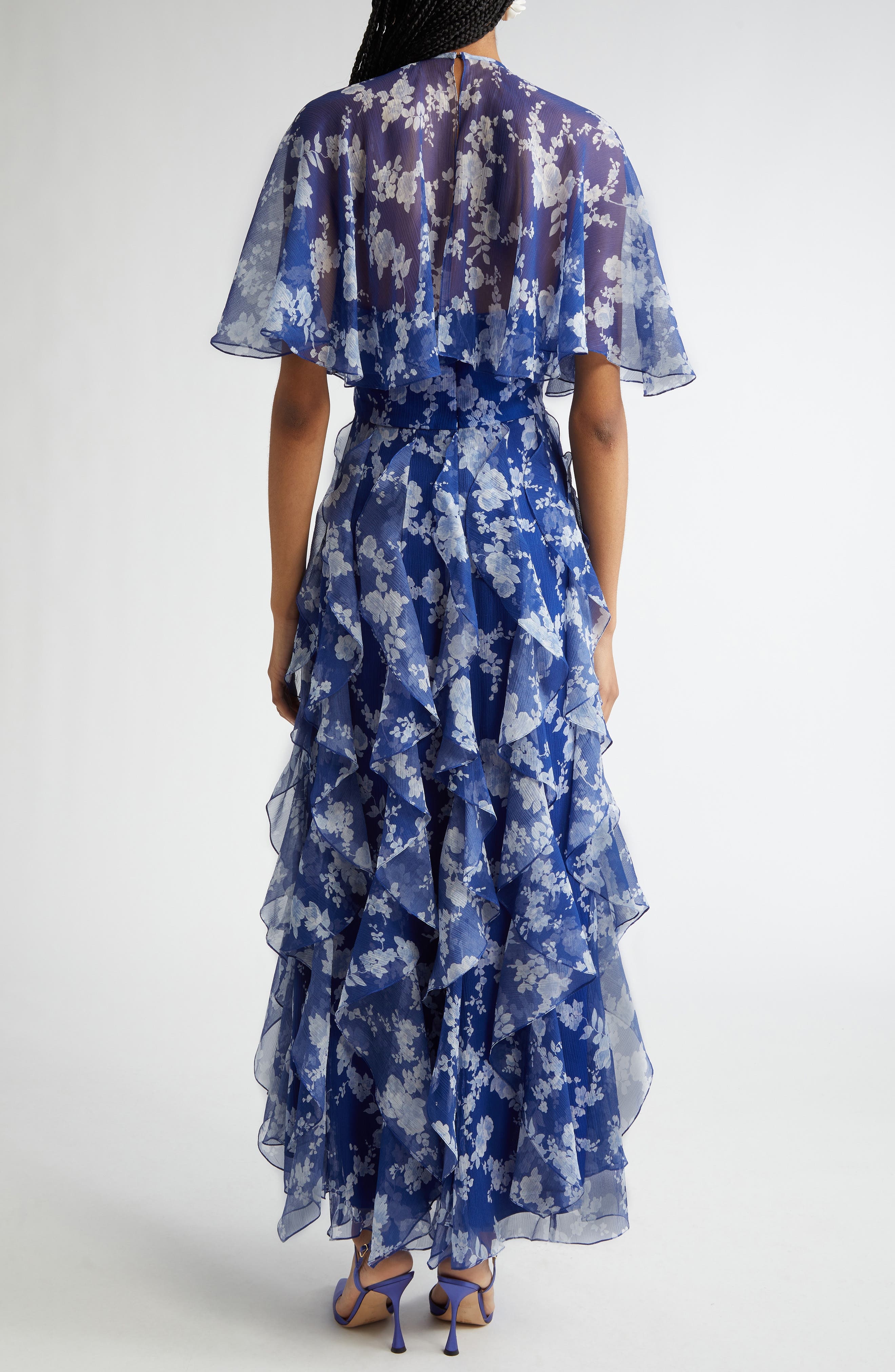 Carolina Herrera Floral Print Ruffle Silk Chiffon Midi Dress in Nautilus Multi at Nordstrom - 2
