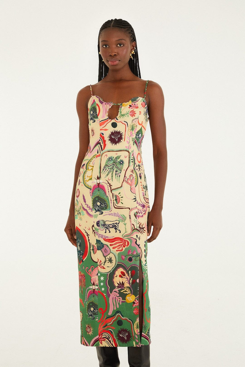 Beige Artsy Surreal Land Beaded Sleeveless Midi Dress 4