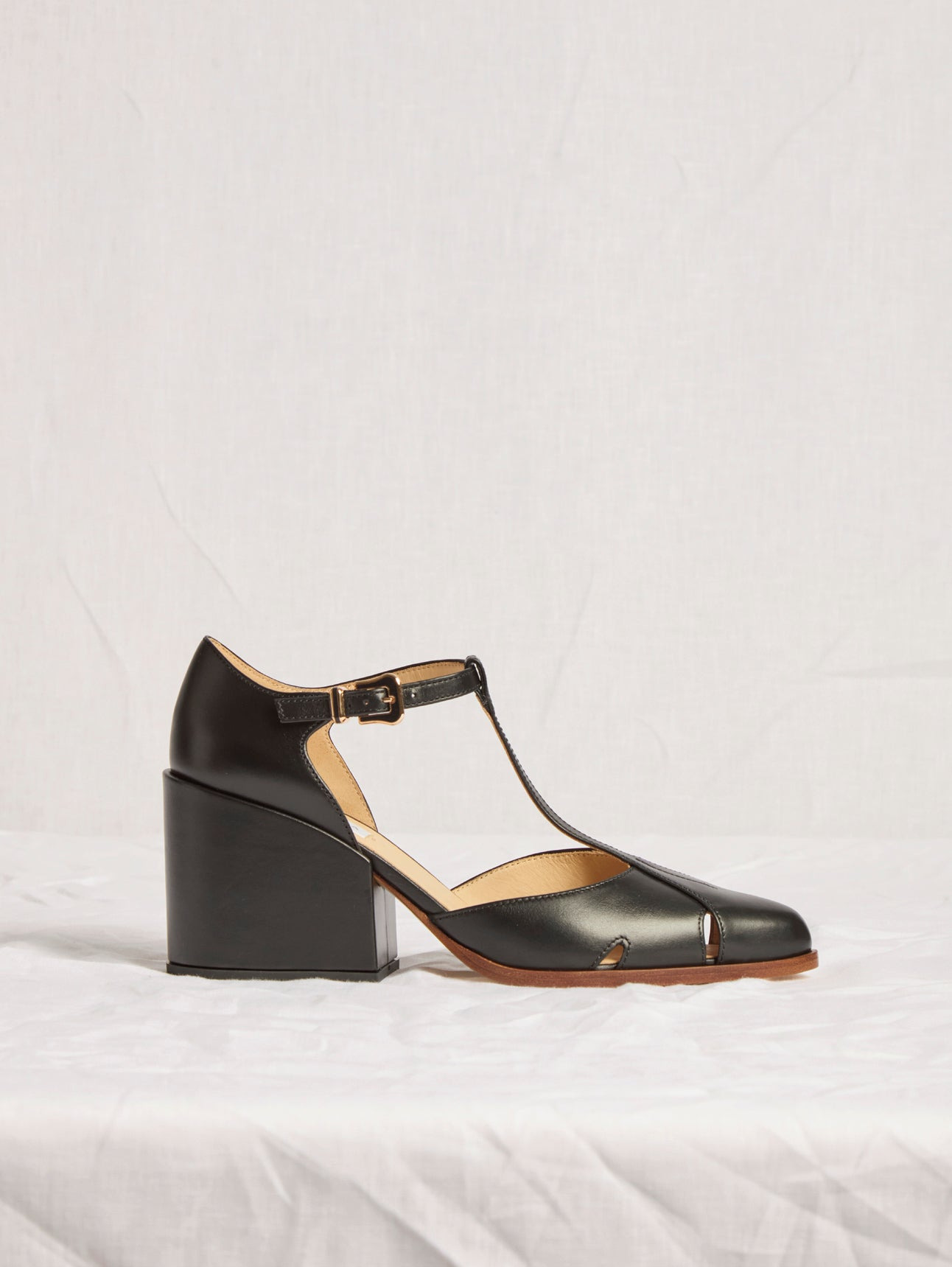 Evita T-Strap Heel in Black Leather - 4