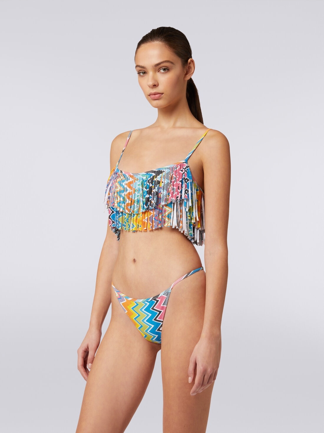Printed stretch fabric bikini with fringed top - 3
