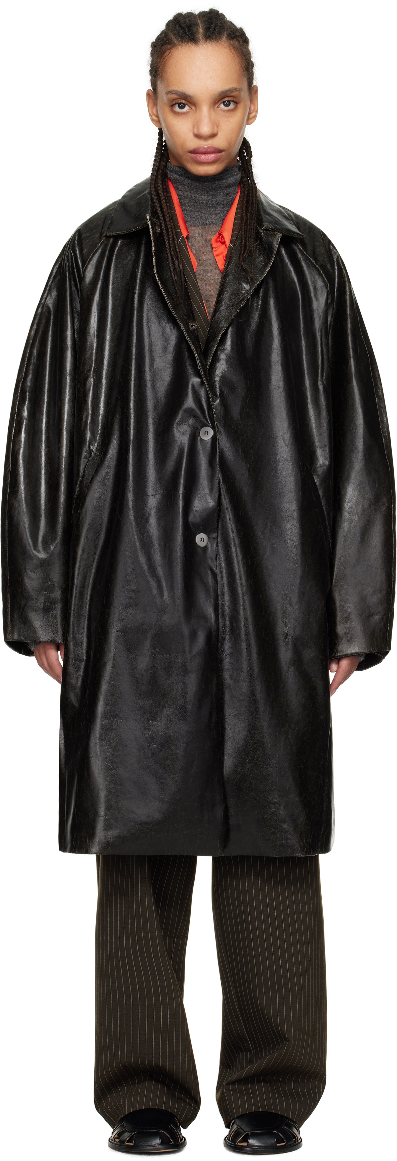 Black Scratched Faux-Leather Coat - 1
