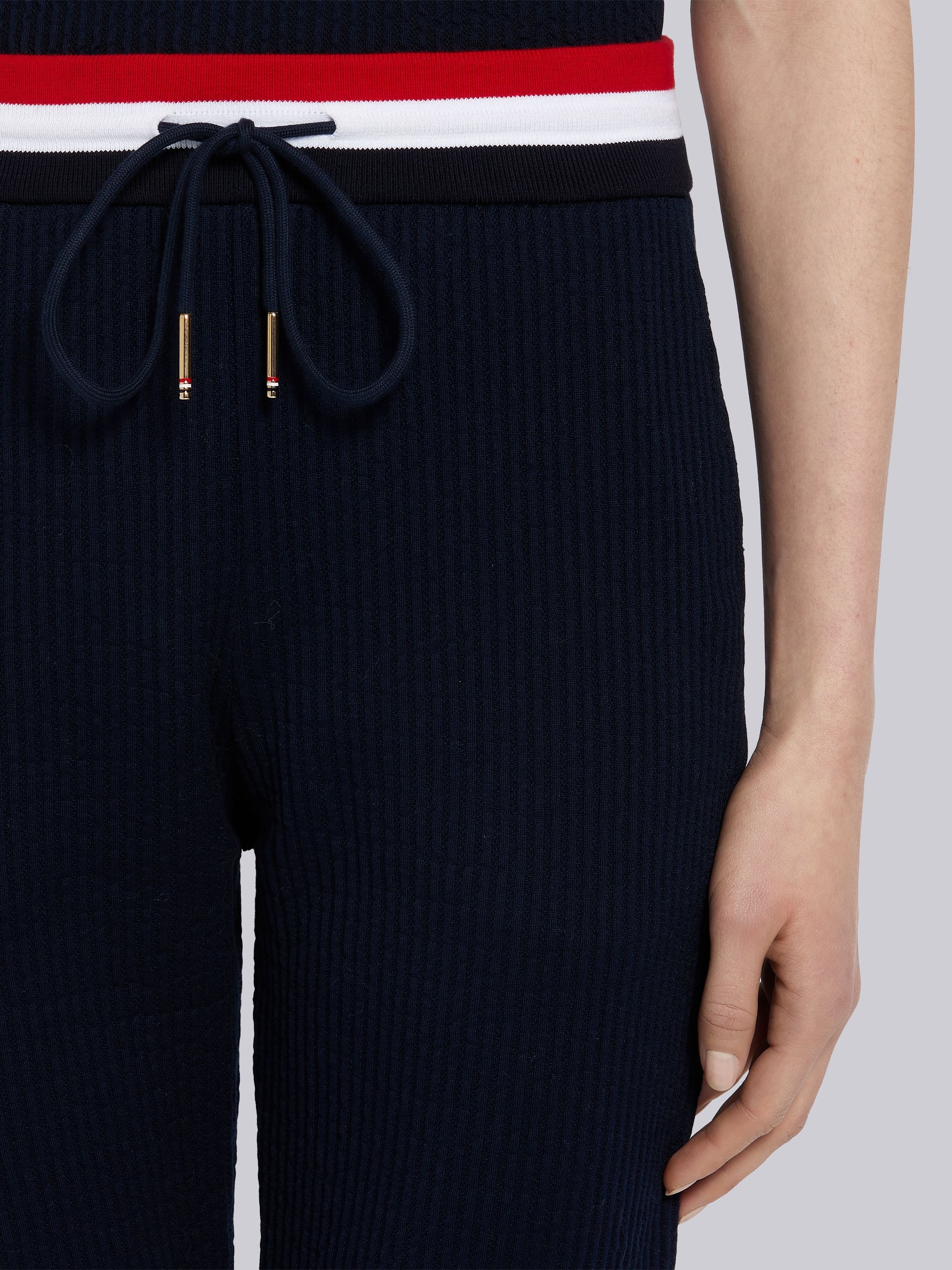 Navy Cotton Seersucker Tricolor Striped Waistband Sweatpants - 5