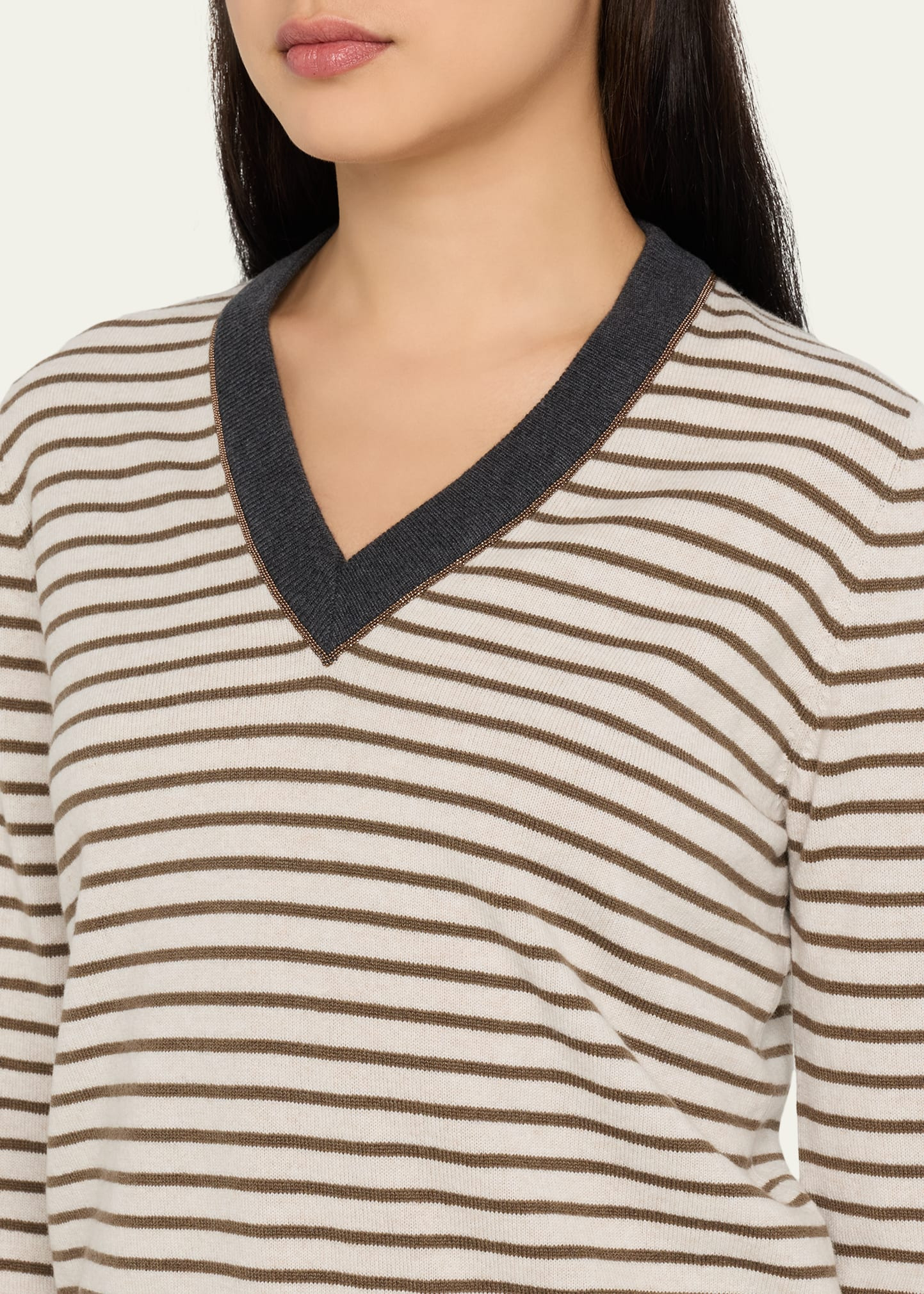 Striped Wool-Cashmere V-Neck Sweater - 5