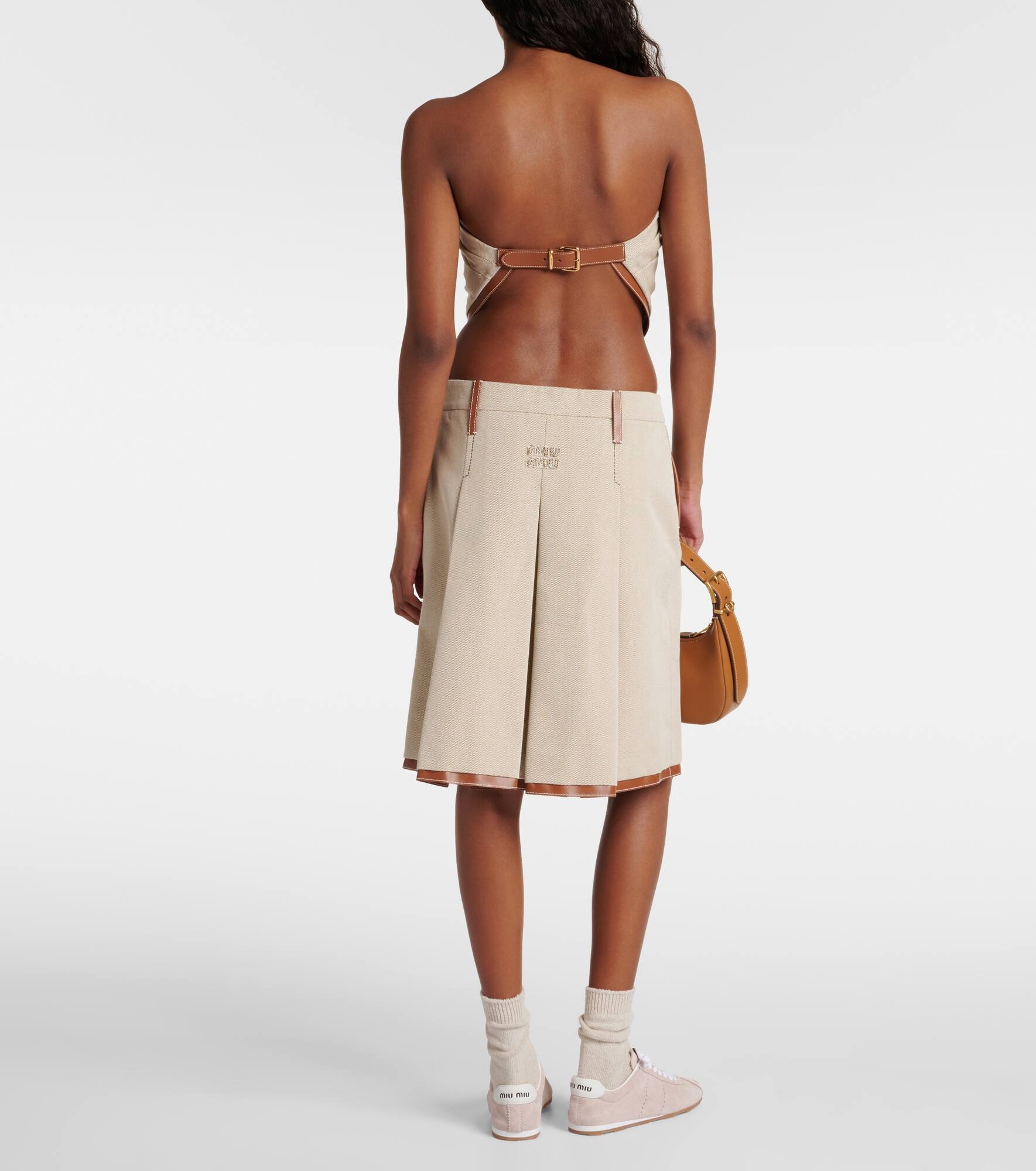 Leather-trimmed jacquard canvas midi skirt - 3