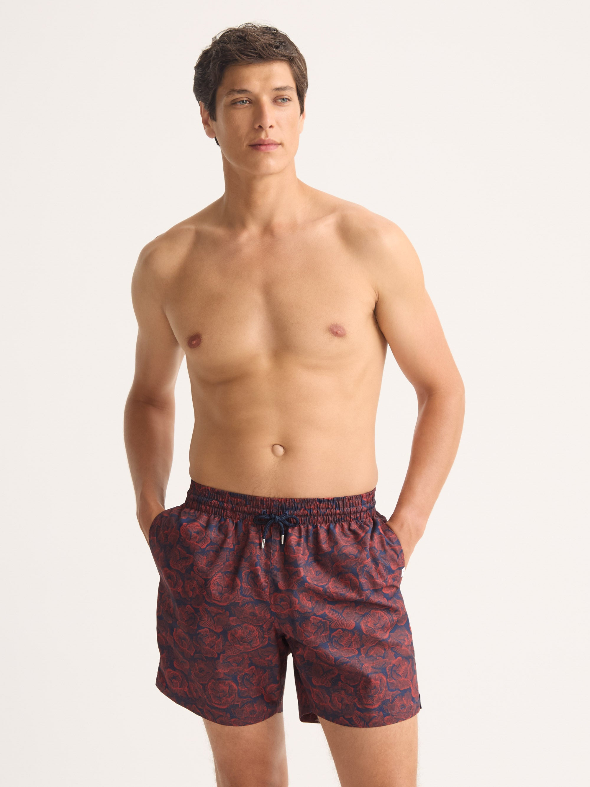 Men's Swim Trunks Maui Navy Blue & Red Rose Print - 4