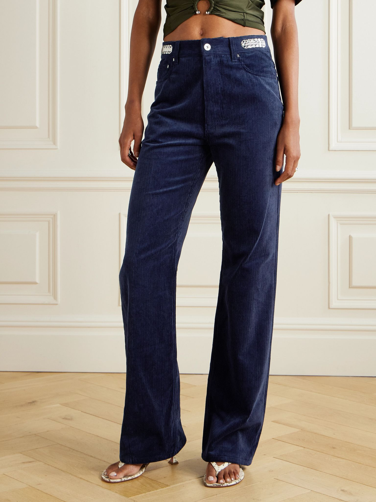 Embellished cotton-corduroy slim-leg pants Navy - 3