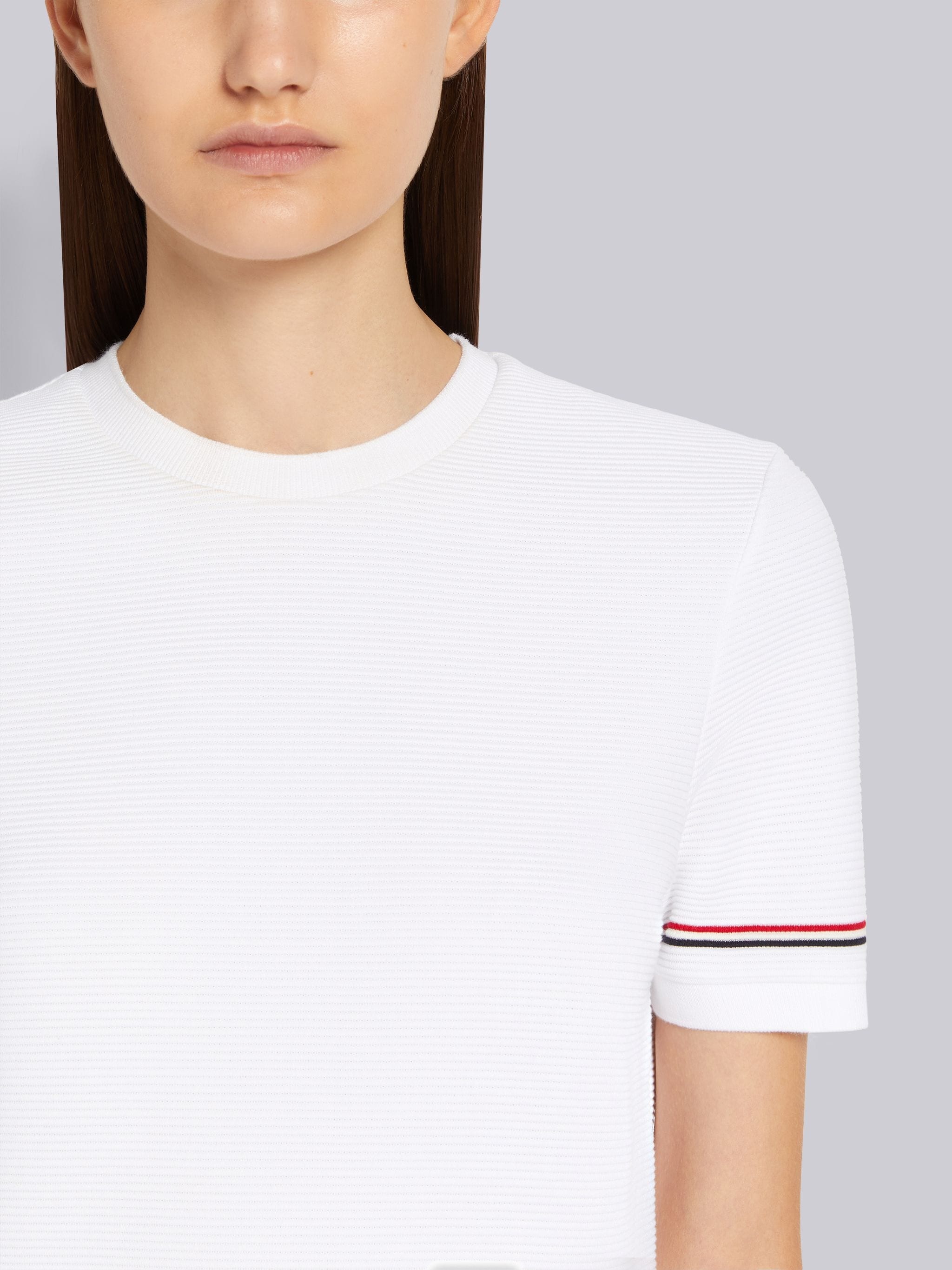 White Ottoman Rib Stripe Hem Short Sleeve Sweatshirt - 5