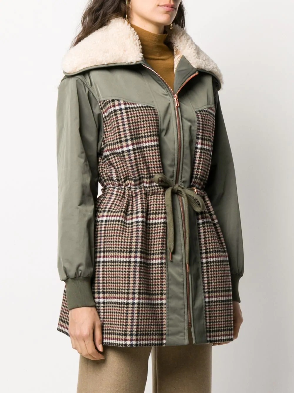 checked panel shearling parka  - 3