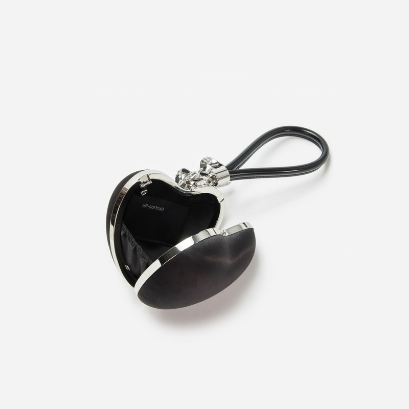 self-portrait Black Satin Top Handle Heart Clutch outlook