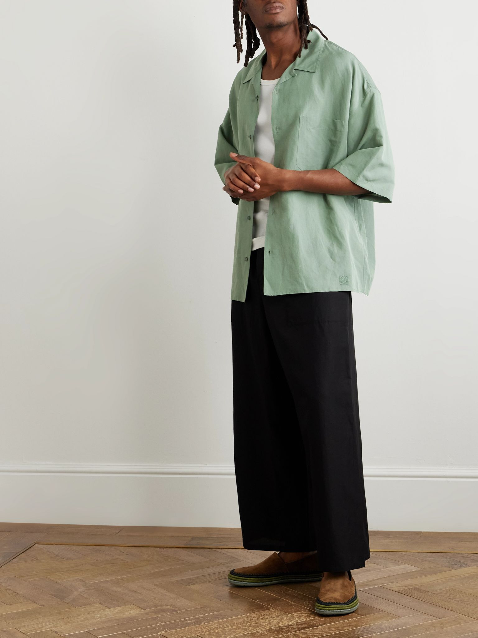 + Paula's Ibiza Oversized Convertible-Collar Logo-Embroidered Woven Shirt Green - 2