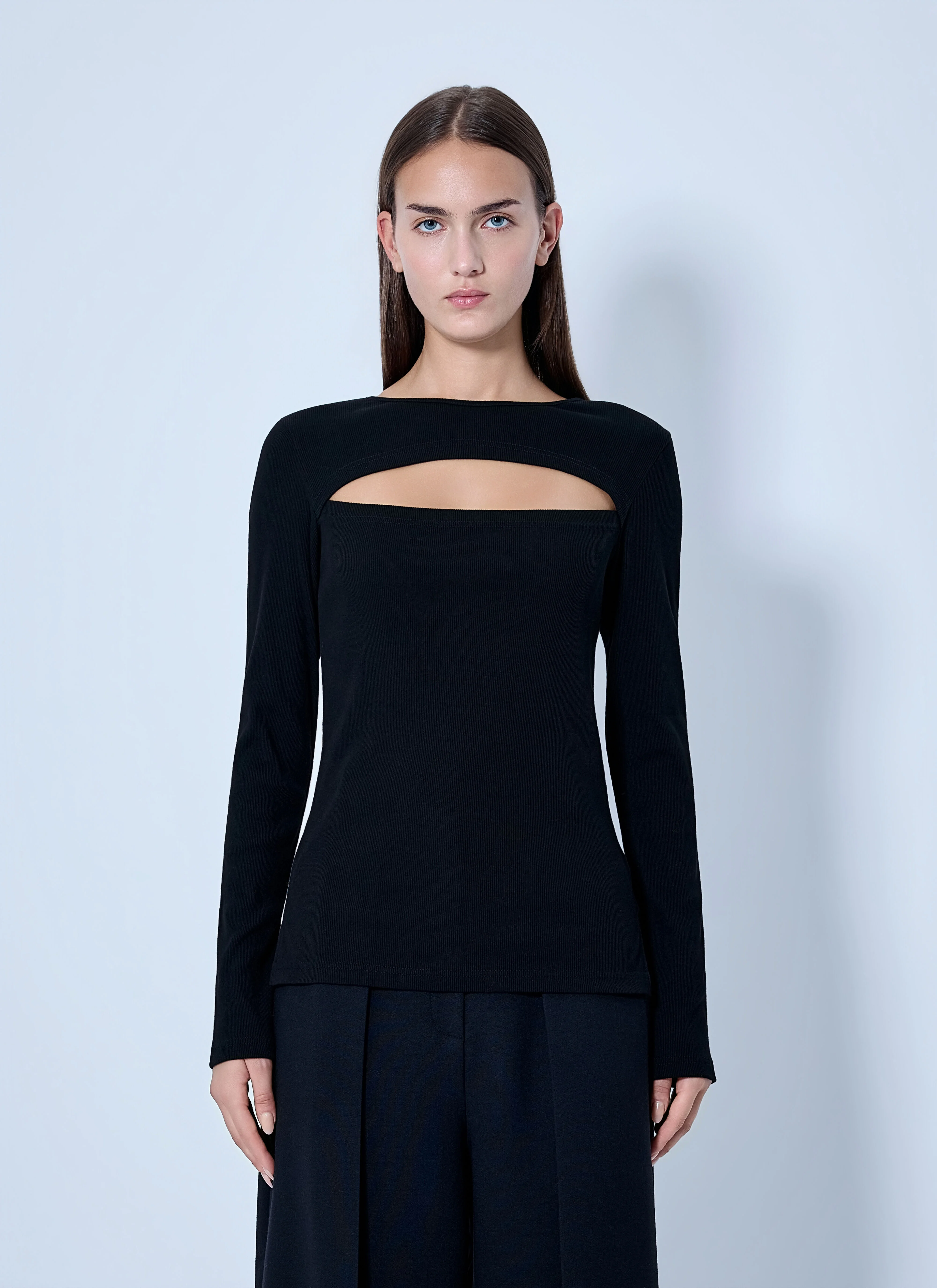 C/ Rib Slit Chest Long Sleeve T-Shirt - 1