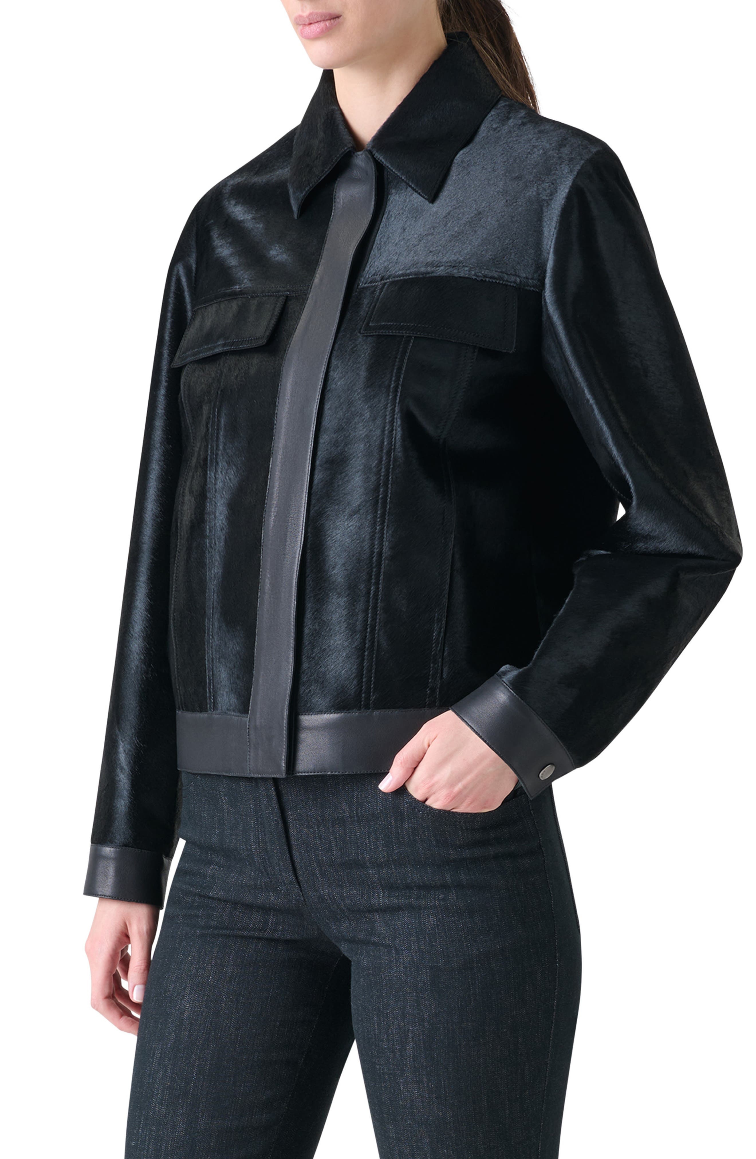 Akris Gemini Genuine Calf Hair & Leather Trucker Jacket in Black at Nordstrom - 2