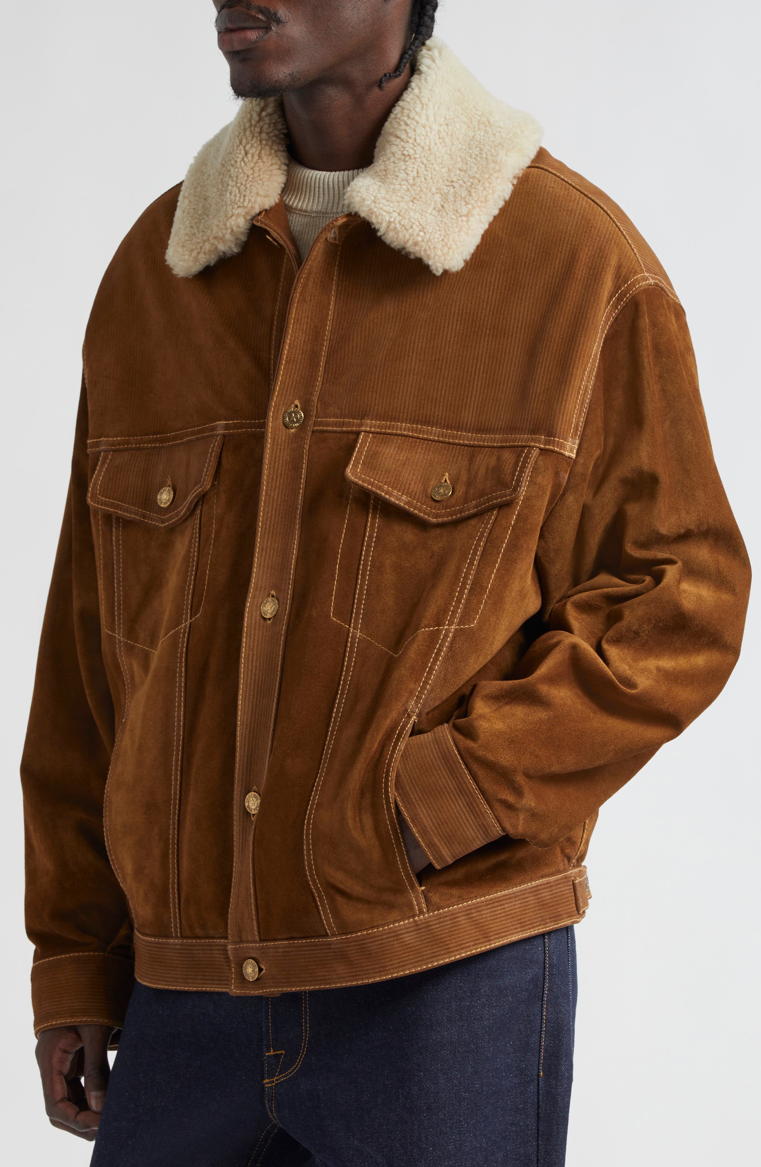 Golden Goose Journey Suede Trucker Jacket with Removable Faux Shearling Collar in Tobacco Brown at N - 6