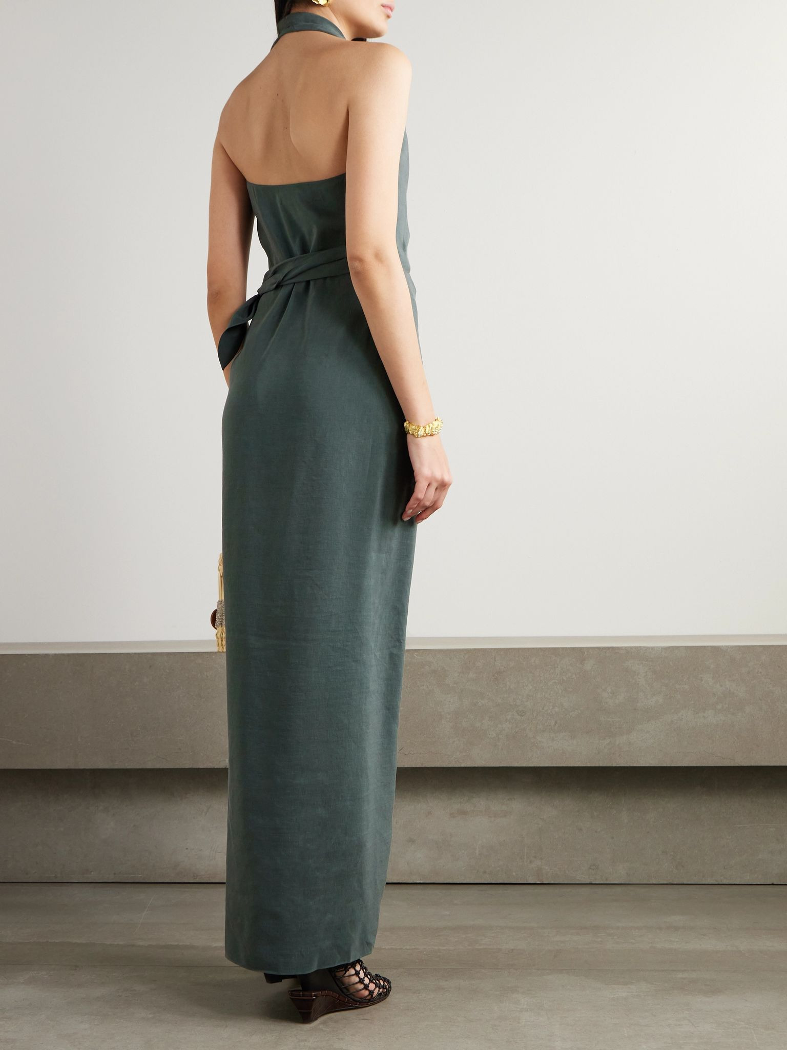 Mona linen and silk-blend halterneck maxi wrap dress Green - 3