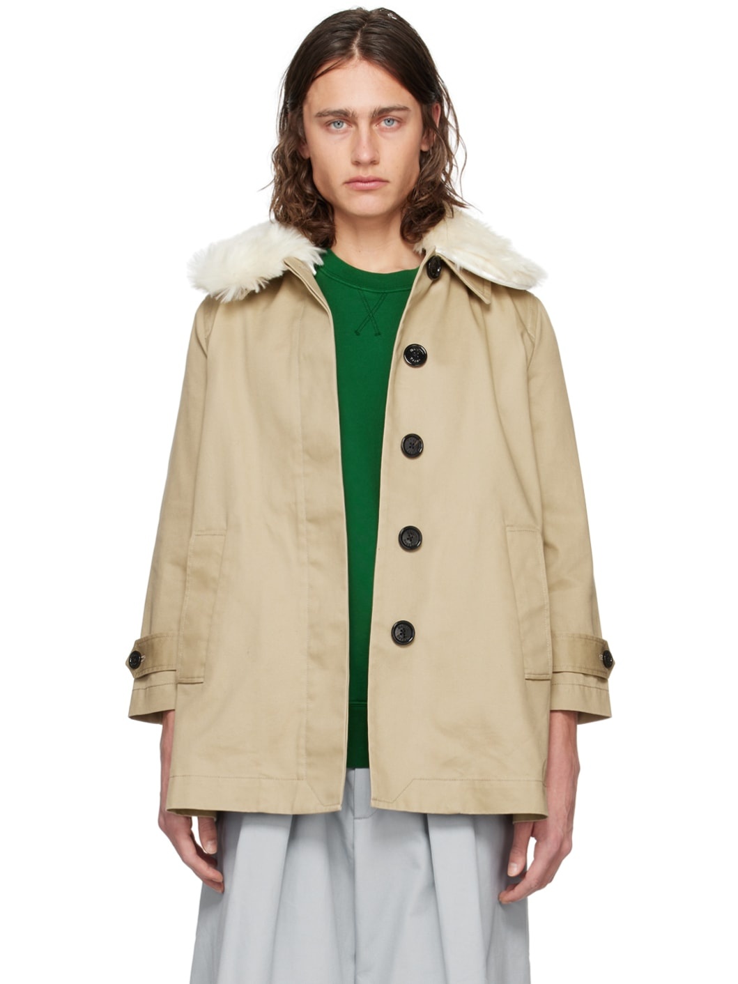 Beige Faux-Fur Trim Coat - 1