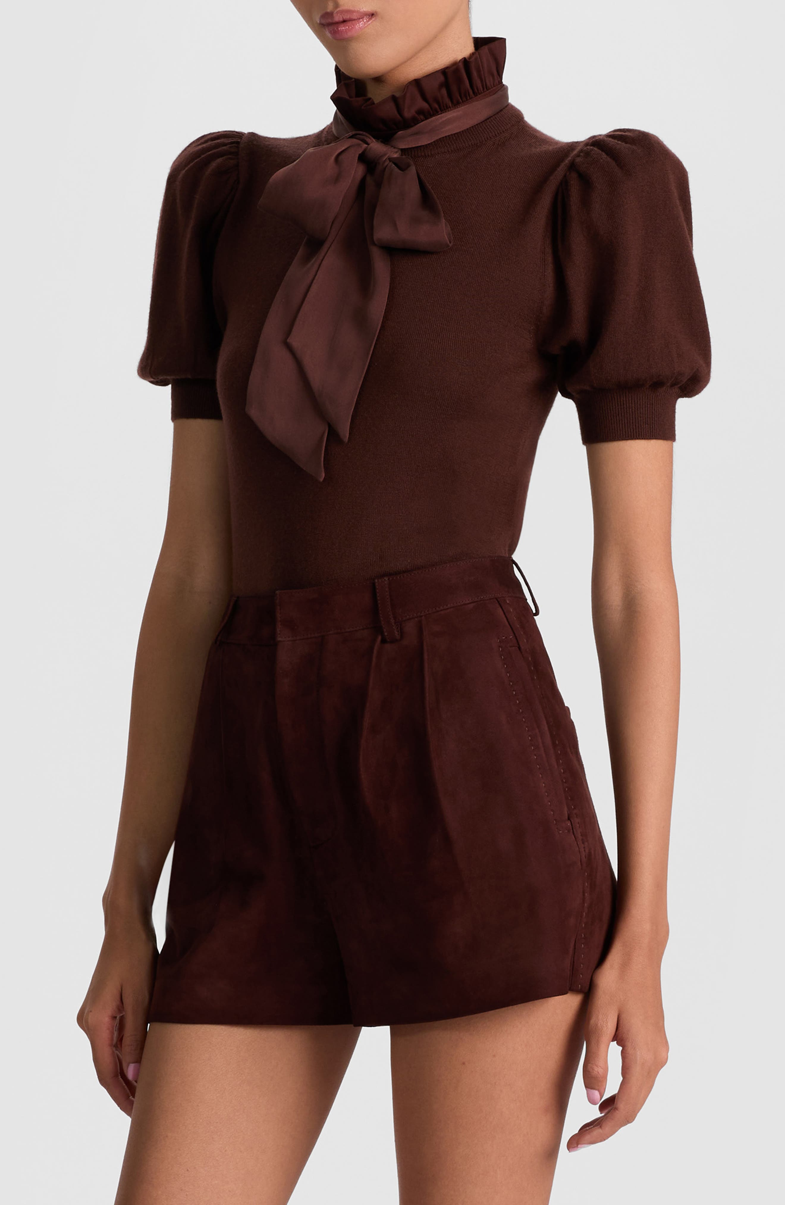 Alice + Olivia Chase Ruffle Tie Neck Stretch Wool Sweater in Dark Chocolate at Nordstrom - 3