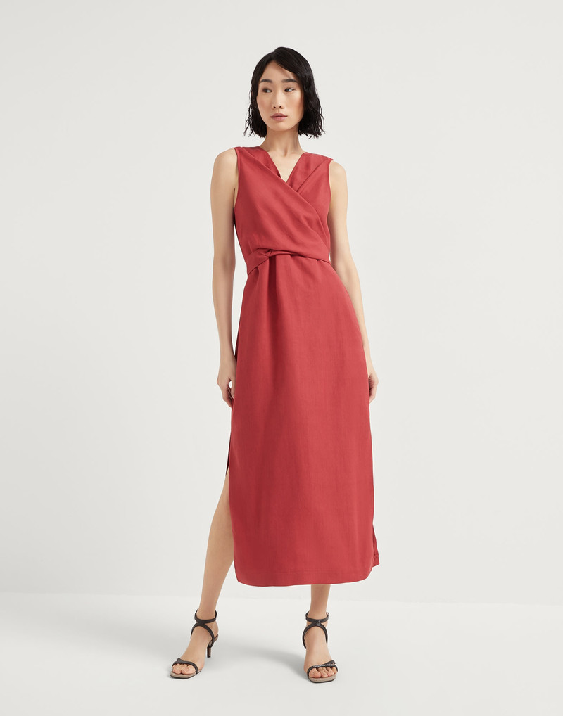 Viscose and linen fluid twill wrap-effect dress with monili - 1
