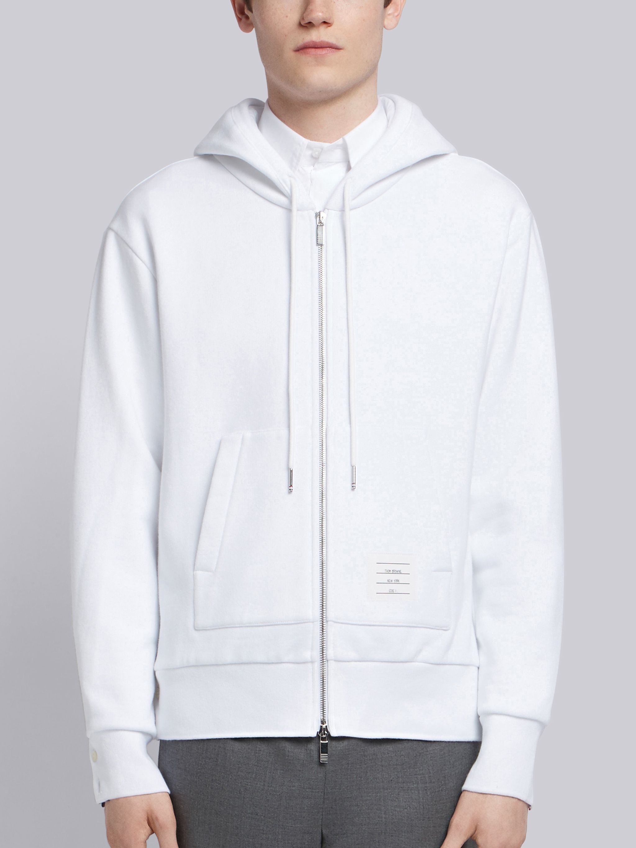 White Cotton Loopback Center Back Stripe Zip-up Hoodie - 1