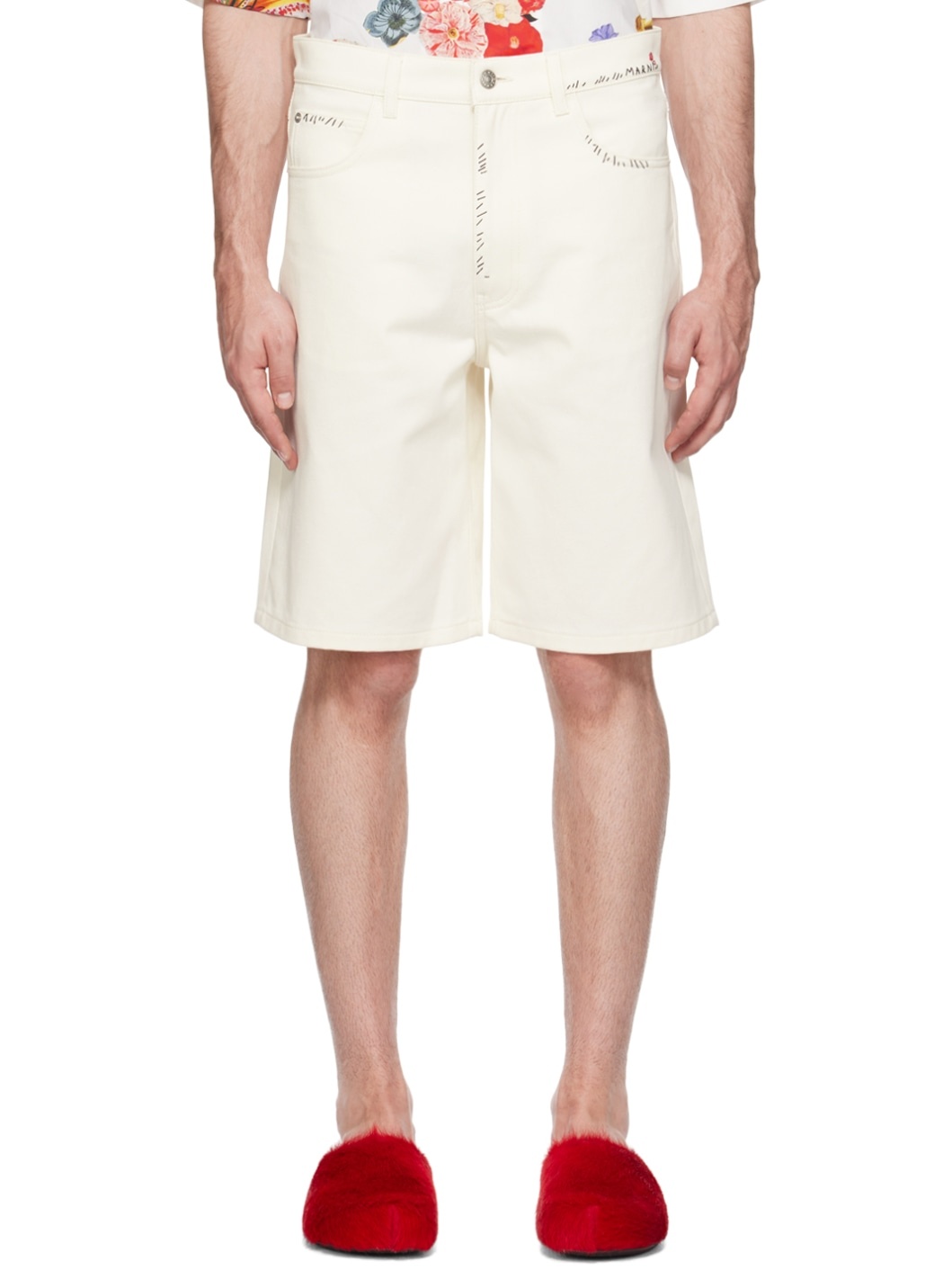 White Embroidered Denim Shorts - 1