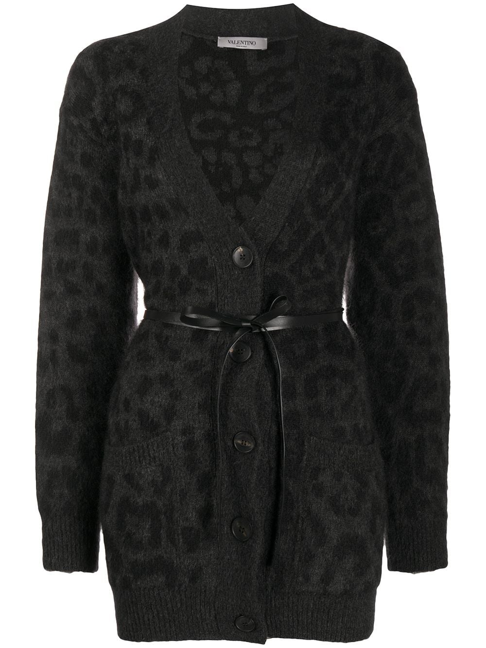 leopard pattern belted V-neck cardigan - 1