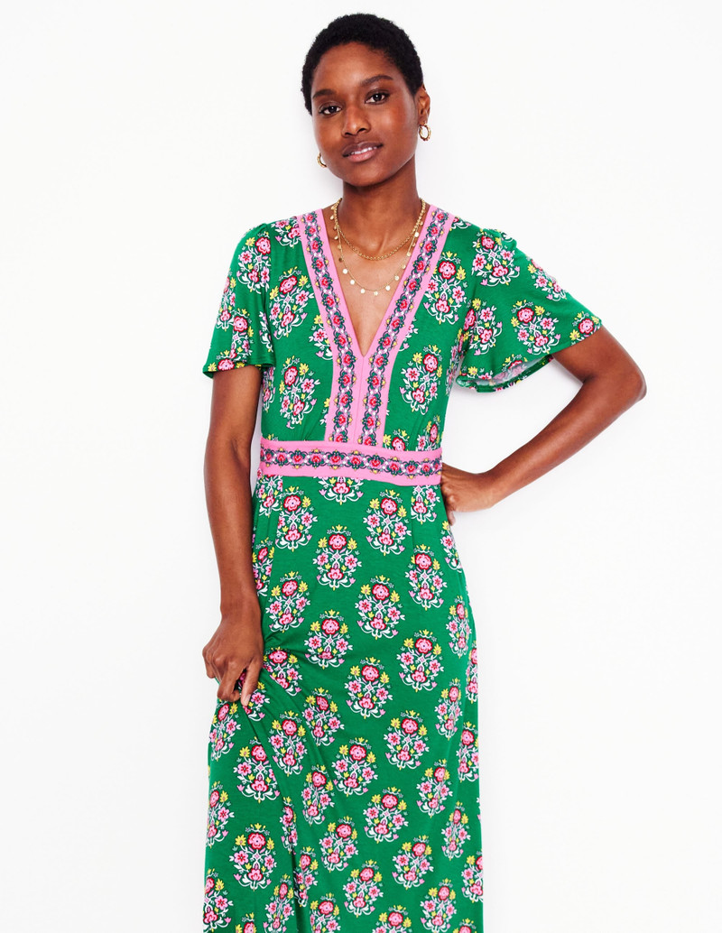 Ellie Flutter Maxi Tea Dress-Rich Emerald, Wildflower Stamp 6