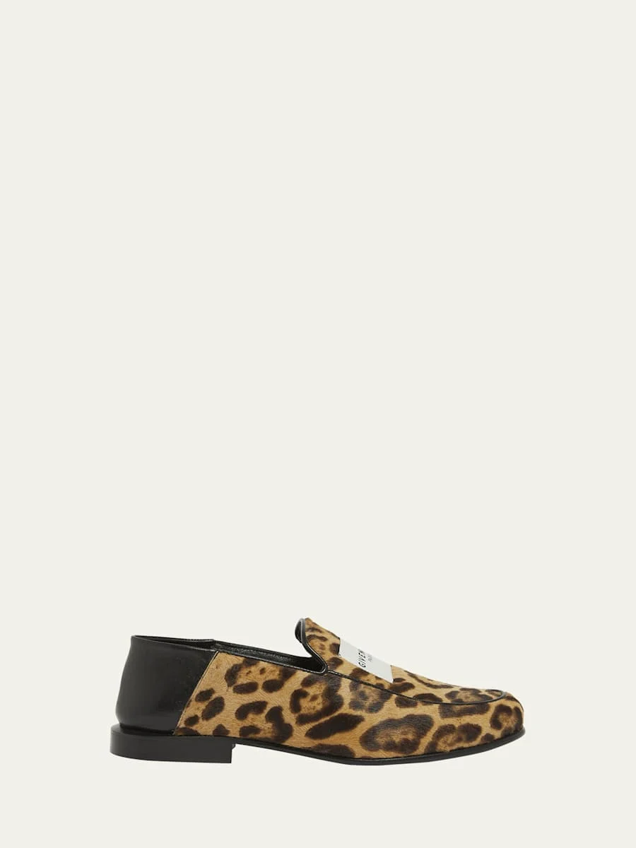 Leopard Calf Hair and Leather Label Loafers - 1