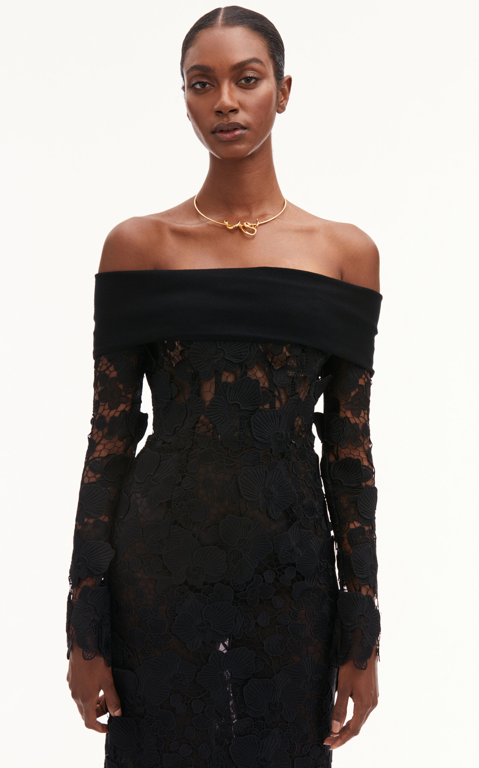 Off Shoulder Orchid Guipure & Knit Dress black - 6