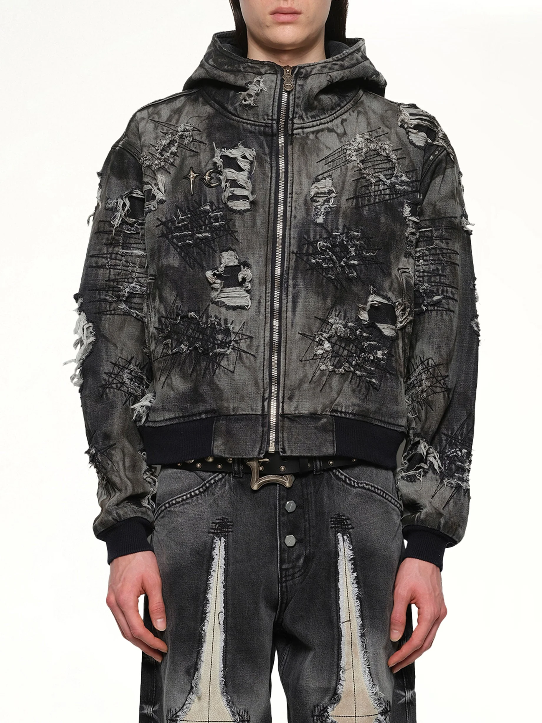 Hard-Washed Damaged Denim Hooded Zip-Up in Black - 1