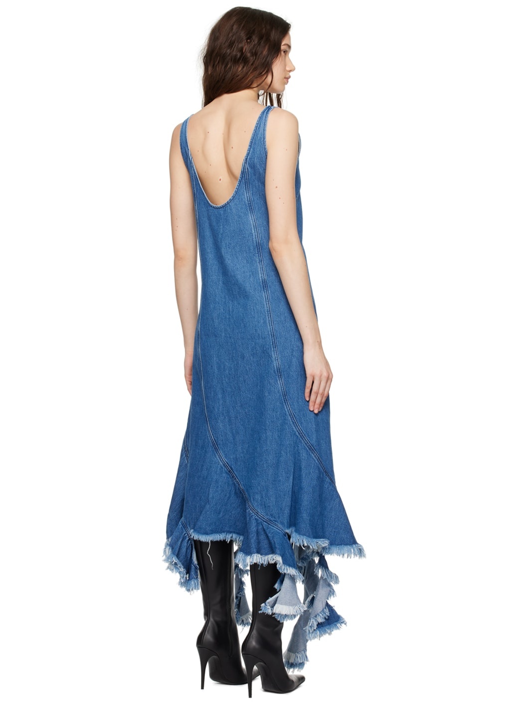 Blue Frayed Denim Midi Dress - 3