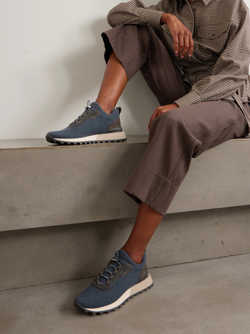 Brunello Cucinelli Bead-embellished Suede-trimmed Wool-blend Sneakers outlook