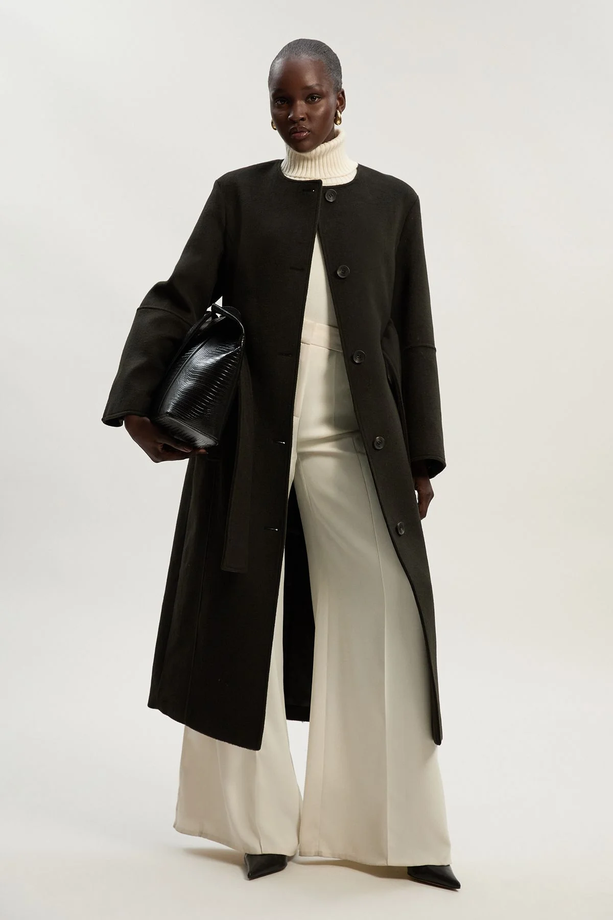 Brushed Wool Single Breasted Belted Tailored Maxi Coat - 1