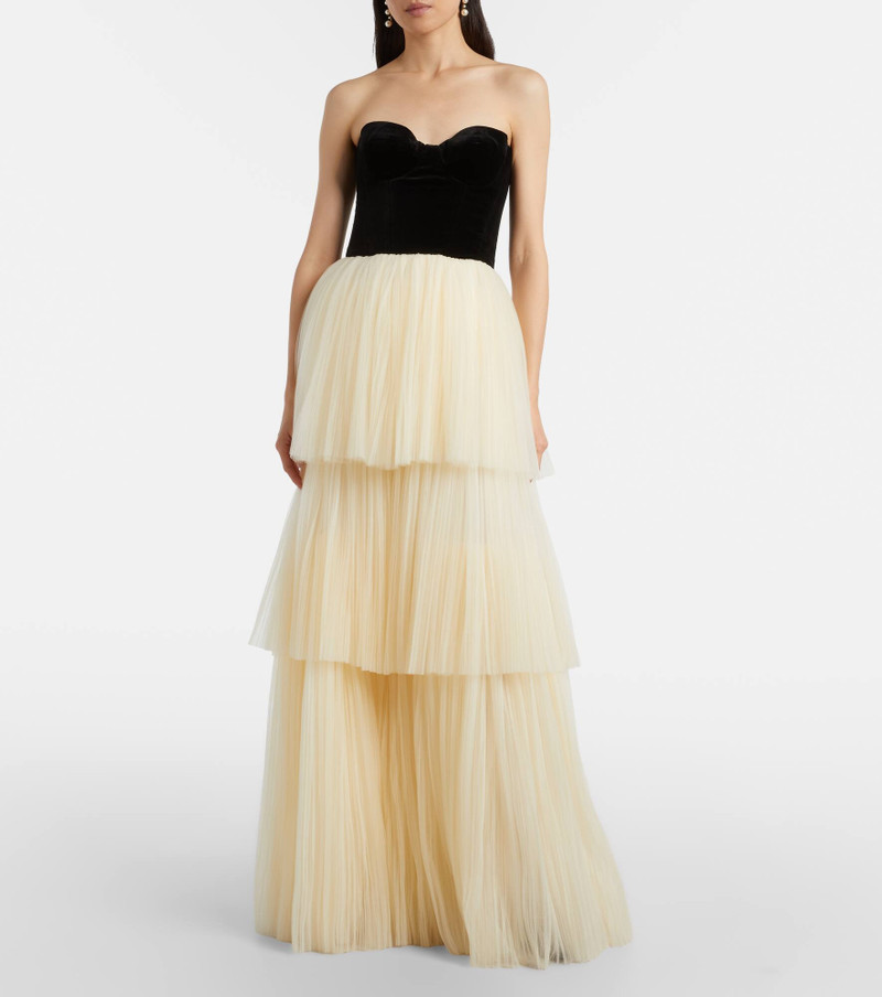 COSTARELLOS Plissé velvet-trimmed tulle gown outlook